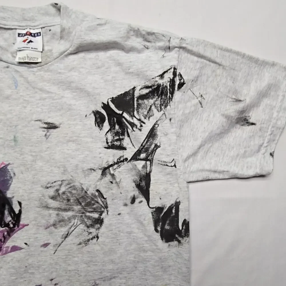 Vintage Abstract Art Tee Graphic Test Print Jerzees 90s Youth Large Gray T-Shirt